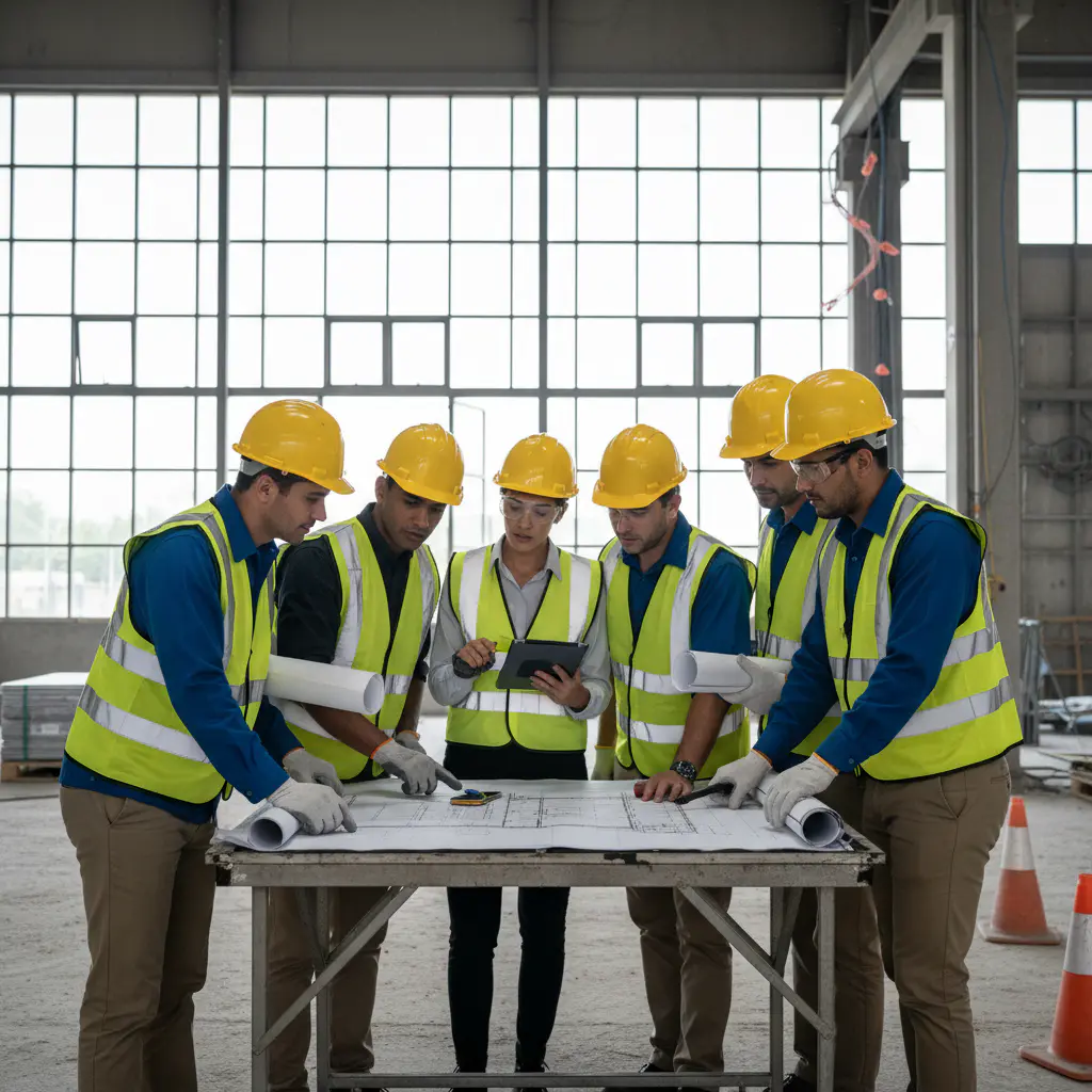 Engineers discussing blueprints