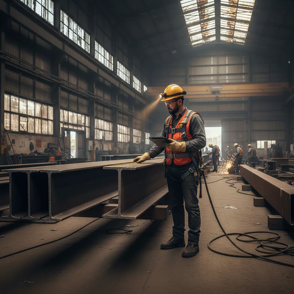 Worker inspecting steel beams