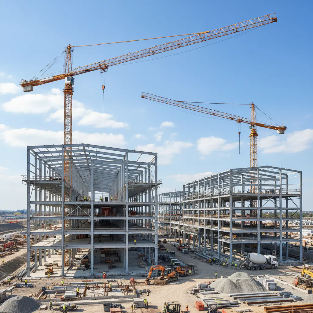 Industrial construction site with cranes